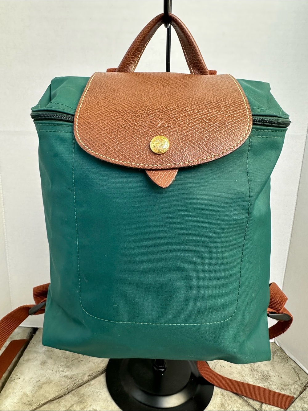 Longchamp Green Nylon Backpack with Brown Leather Flap